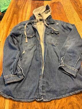 RISEN  Essentials Distressed Hooded Denim Shacket Jacket layered look